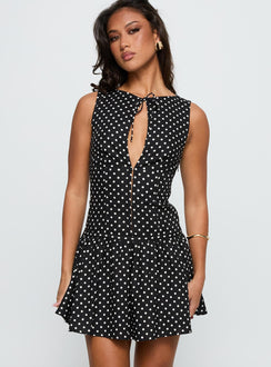 front view of model wearing Princess Polly Alissea Keyhole Linen Blend Mini Dress Black Polka Crew Neck 
