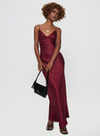 side view of model wearing Princess Polly Marilyn Maxi Dress Wine Plunger 