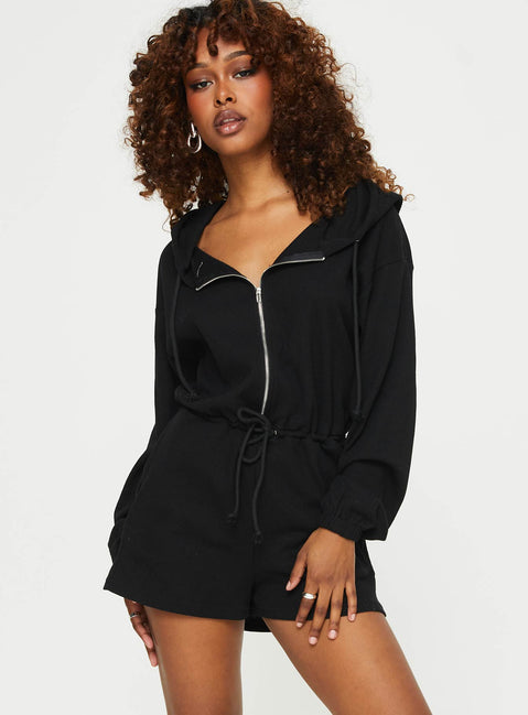 Hooded playsuit Zip fastening at front, drawstring waist, tie fastening, elasticated cuffs, twin hip pockets Slight stretch, unlined 