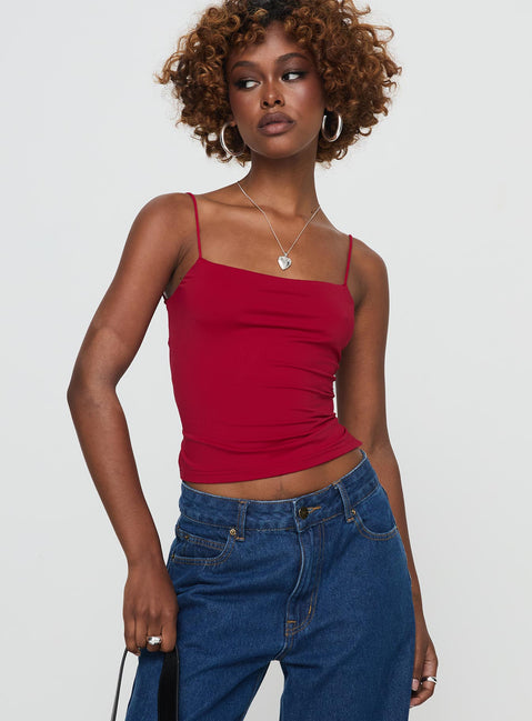 front view of model wearing Princess Polly Elissa Top Red Sleeveless Square Neck 