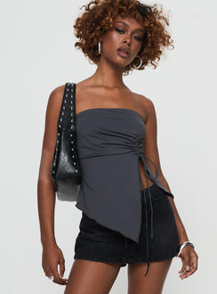 front view of model wearing Princess Polly Dessy Strapless Top Slate Sleeveless straight 
