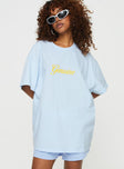 Front view of model wearing  front Princess Polly Three Fourth Sleeves Crew Neck  Genuine Oversized Tee Blue