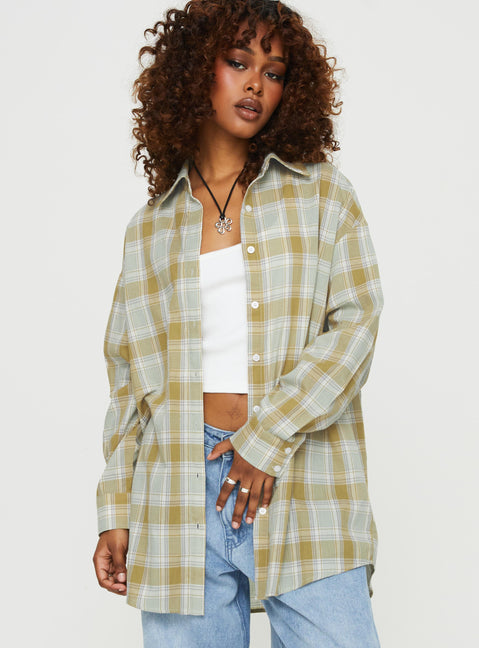 Front view of model wearing  front Princess Polly Full Sleeves Square Neck  Tollen Top Green Check