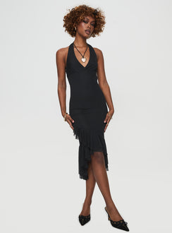 front view of model wearing Princess Polly Amadeus Midi Dress Black V-Neck 