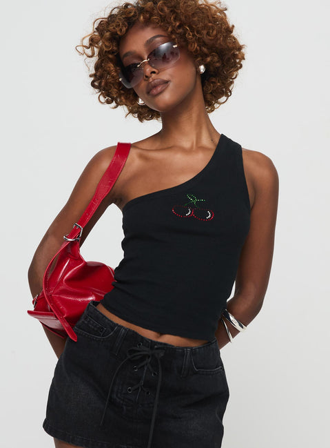 side view of model wearing Princess Polly Jase One Shoulder Top Black Sleeveless Asymmetric Neckline 