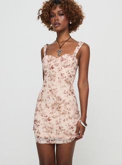 side view of model wearing Princess Polly Regane Mini Dress Multi Sweetheart Neckline 