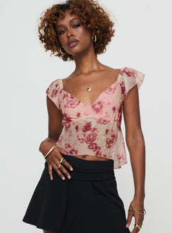 front view of model wearing Princess Polly Time After Top Pink Floral Short Sleeves V-Neck 