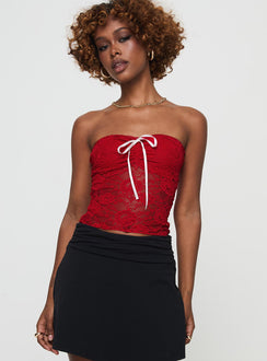 front view of model wearing Princess Polly Winnick Strapless Lace Top Red Sleeveless Sweetheart 