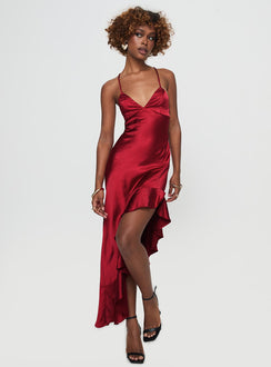 side view of model wearing Princess Polly Casen Maxi Dress Red Plunger 