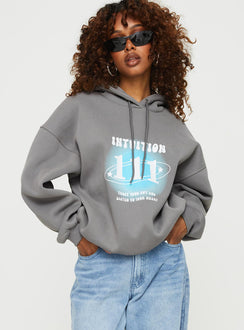 front view of model wearing Princess Polly Intuition Hooded Sweatshirt Bubble Text Charcoal regular 
