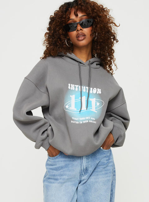 front view of model wearing Princess Polly Intuition Hooded Sweatshirt Bubble Text Charcoal regular 