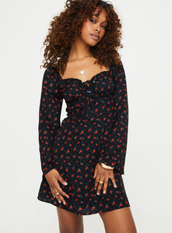 product Princess Polly High Neck  Love Birds Long Sleeve Mini Dress Black / Red Floral