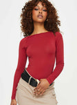 front view of model wearing Princess Polly Gatewood Long Sleeve Bodysuit Burgundy Full Sleeves Boat Neck 