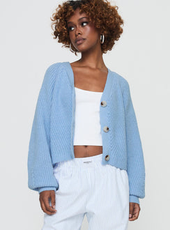 front view of model wearing Princess Polly Leskie Cardigan Pale Blue Cropped 