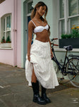   side view of model wearing Princess Polly Cherry On Top Maxi Skirt White Floral Midi Skirts 