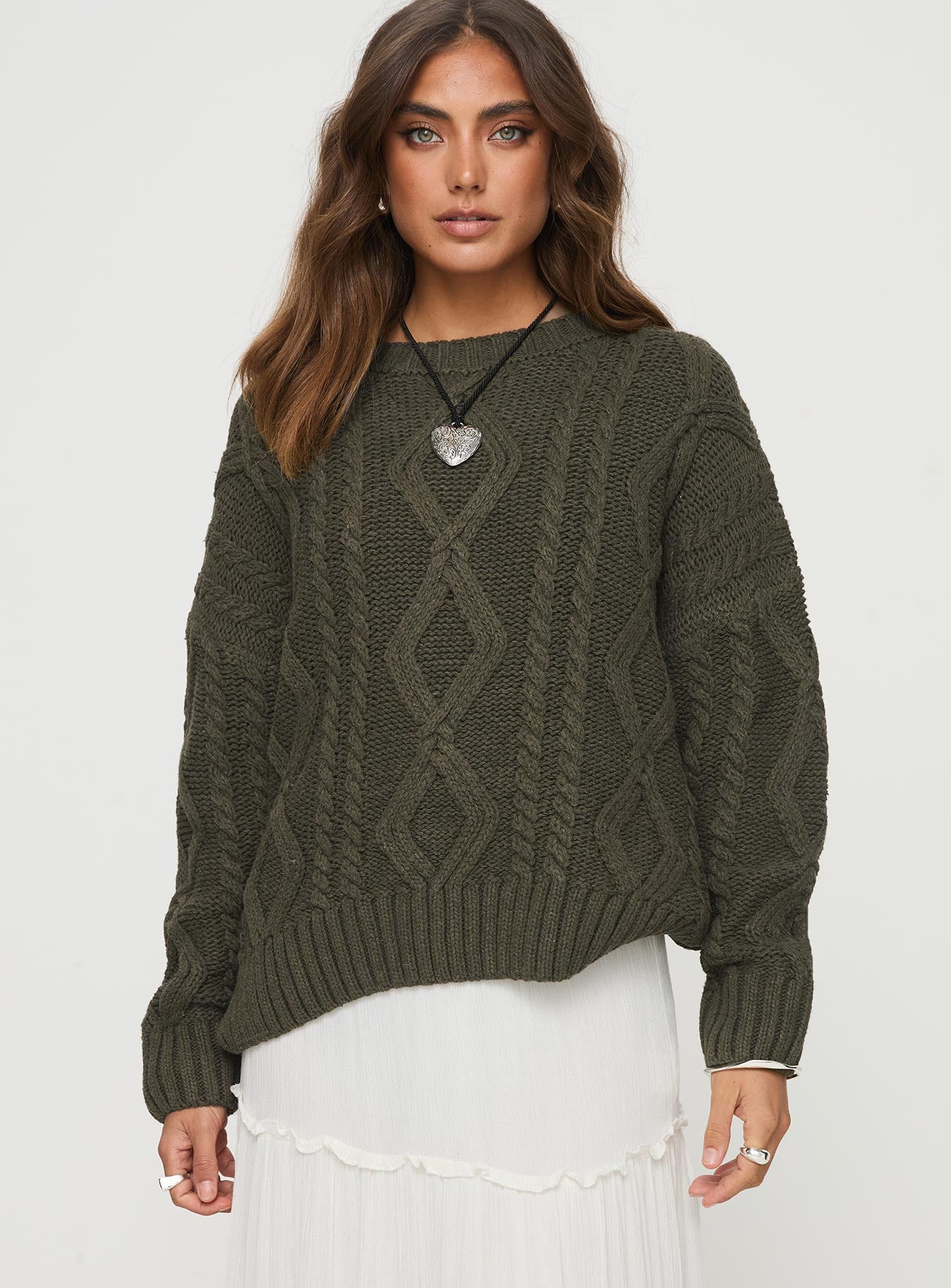 front view of model wearing Princess Polly Anaya Oversized Sweater Olive 