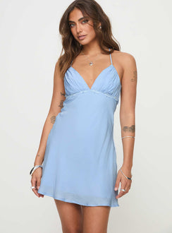 front view of model wearing Princess Polly Sagi Mini Dress Blue V-Neck 
