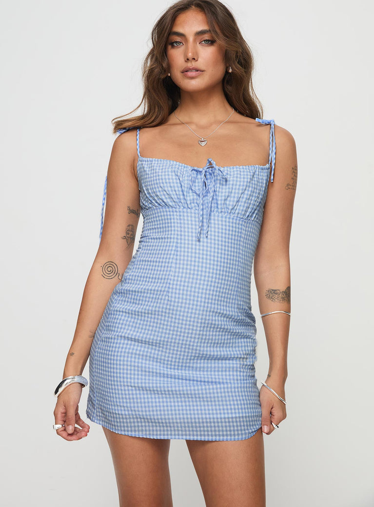 Plaid print mini dress Adjustable shoulder straps with tie fastening, ruched bust, invisible zip fastening at side Non-stretch material, fully lined