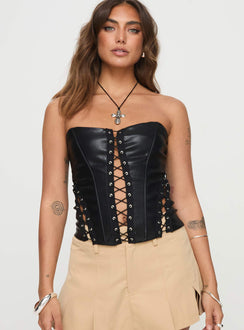 front view of model wearing Princess Polly Emberlyn Faux Leather Corset Top Black Sleeveless straight 