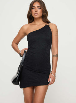 front view of model wearing Princess Polly Toomba Lace Mini Dress Black Asymmetric Neckline 