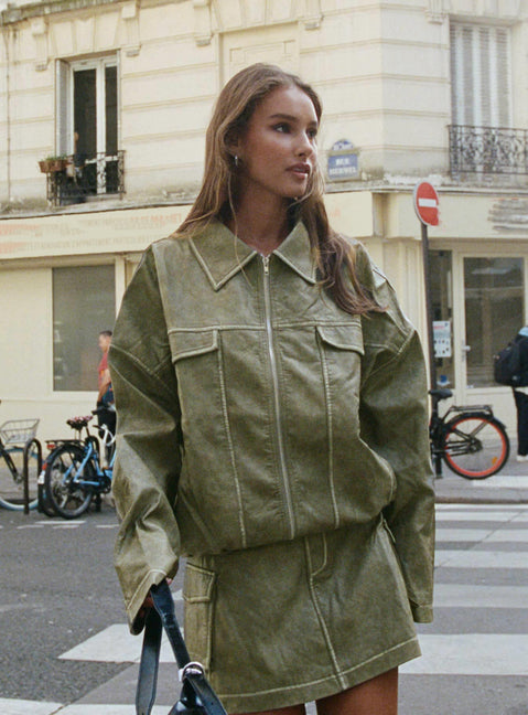   front view of model wearing Princess Polly Tanza Faux Leather Mini Skirt Green Mini Skirts 