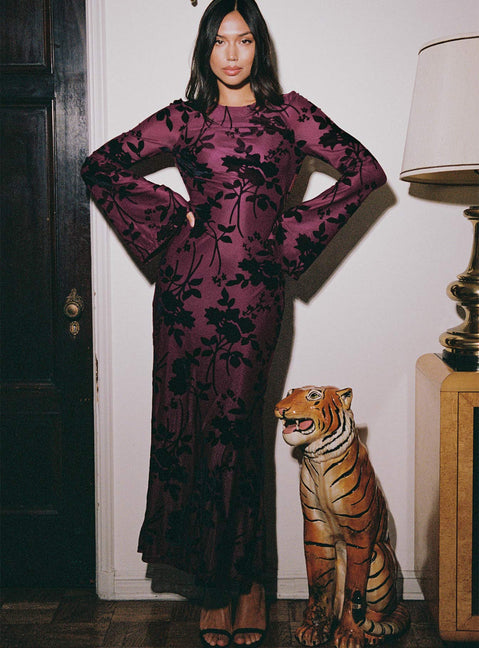 Front view of model wearing  front Princess Polly Asymmetric Neckline  Amersham Long Sleeve Maxi Dress Wine