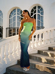 side view of model wearing Princess Polly Stolen Love Strapless Maxi Dress Blue / Green Ombre Petite Straight Neck 