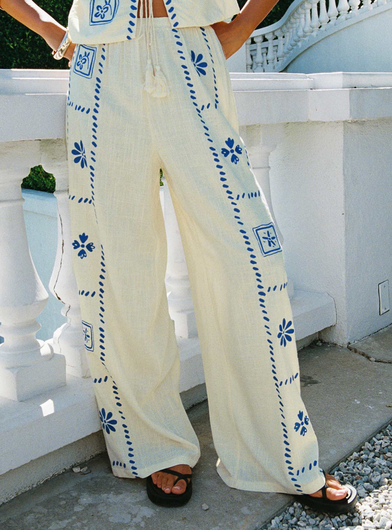 side view of model wearing Princess Polly Grazia Pants Cream / Blue 