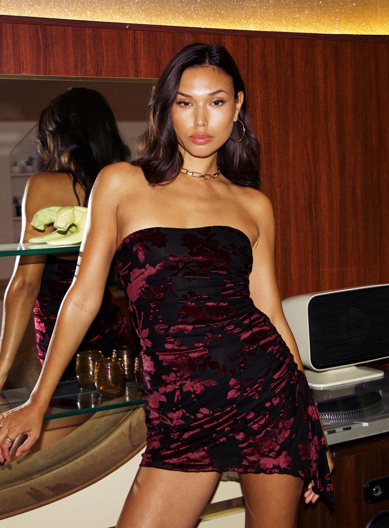 Front view of model wearing  front Princess Polly Asymmetric Neckline  Donelli Mini Dress Black / Floral