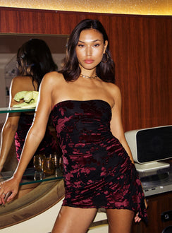 Front view of model wearing  front Princess Polly Asymmetric Neckline  Donelli Mini Dress Black / Floral