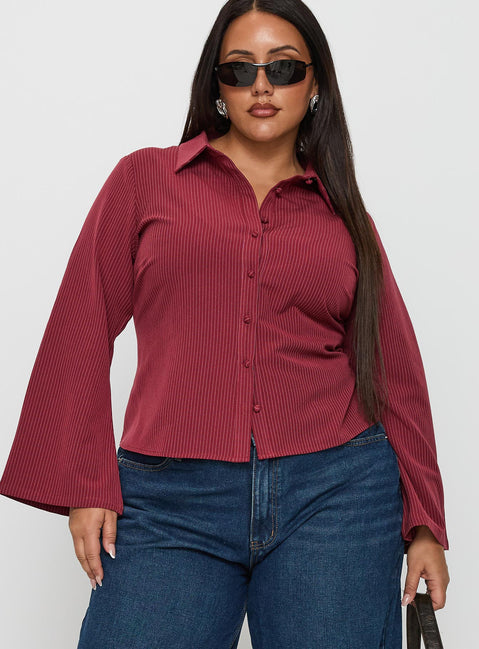 front view of model wearing Princess Polly Anni Pinstripe Shirt Red Curve Full Sleeves V-Neck 