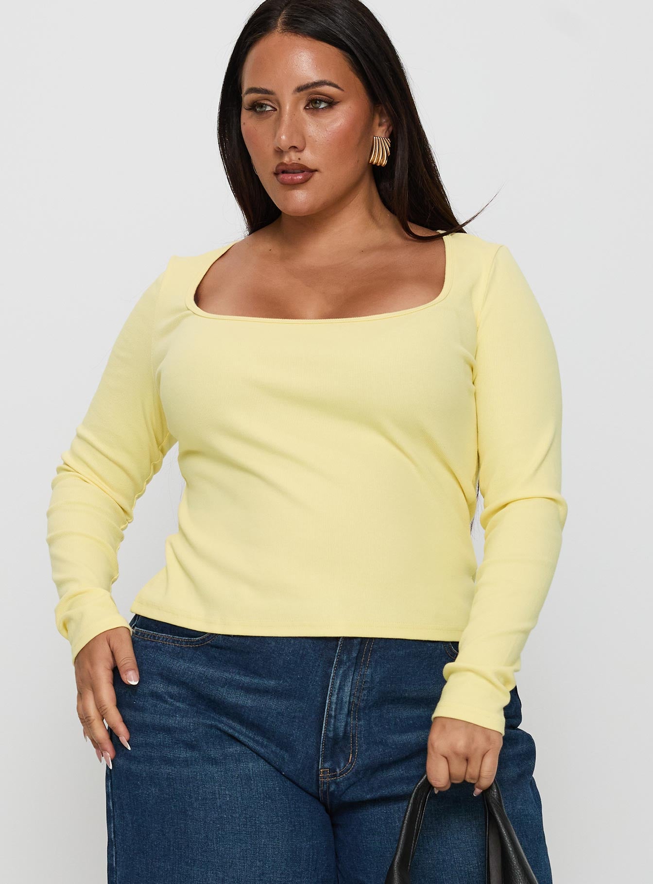 front view of model wearing Princess Polly Baseline Long Sleeve Top Yellow Curve Full Sleeves Scoop Neck 