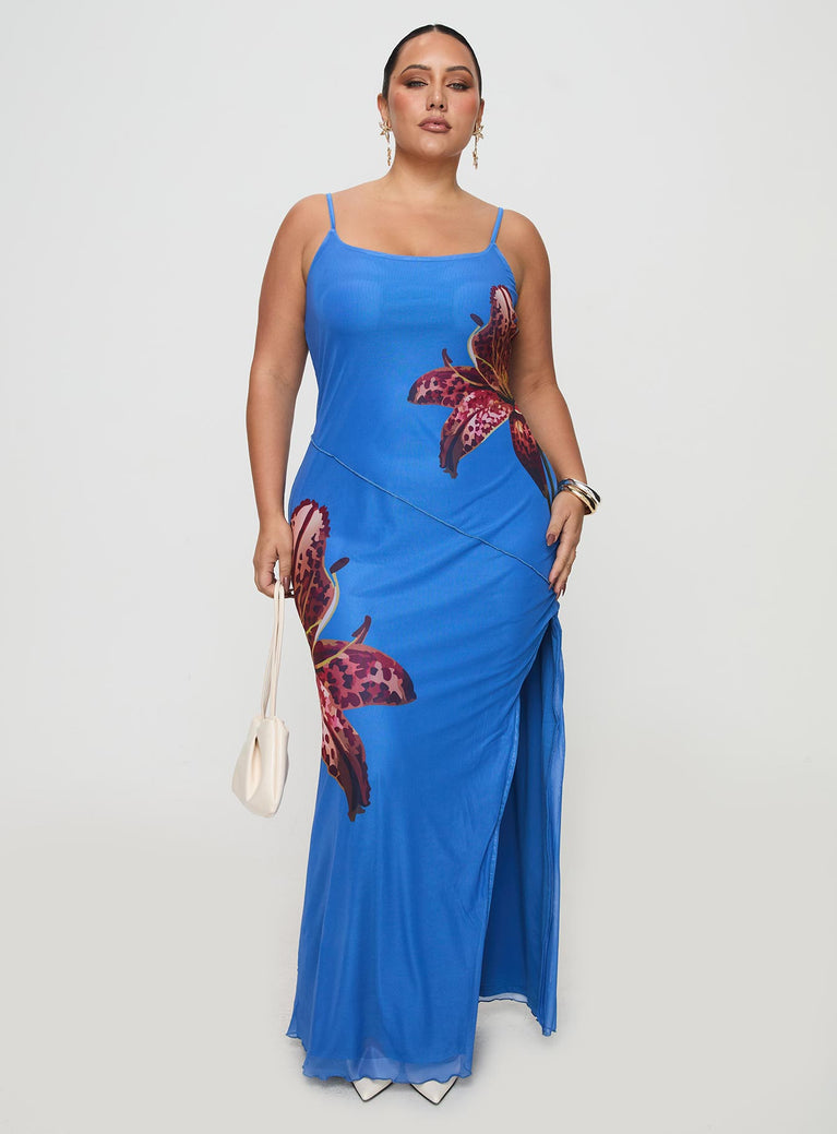 front view of model wearing Princess Polly Bespoke Maxi Dress Blue Curve Scoop Neck 