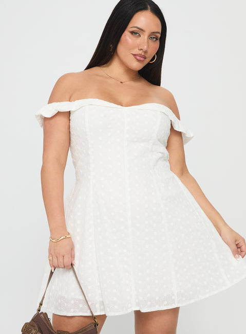 Rosebud Broderie Off The Shoulder Mini Dress White Curve
