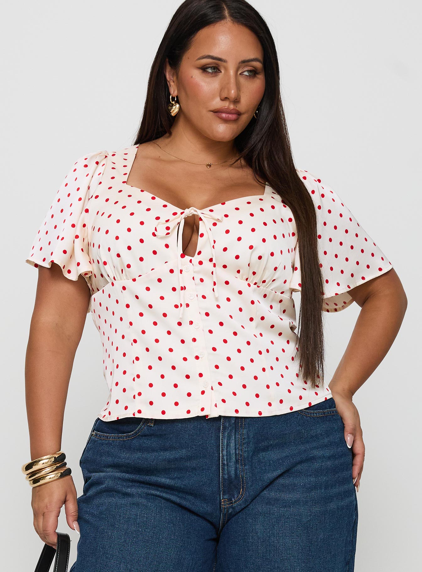 front view of model wearing Princess Polly Adrienna Flutter Blouse White / Red Curve Short Sleeves V-Neck 