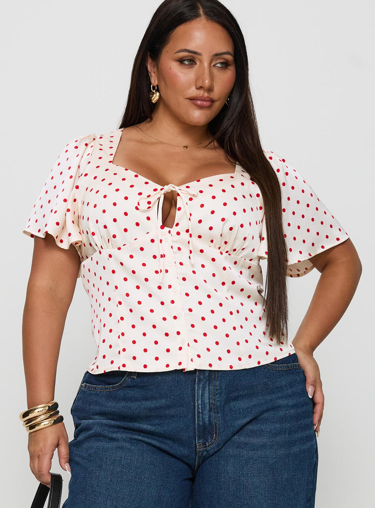 Adrienna Flutter Blouse White / Red Curve