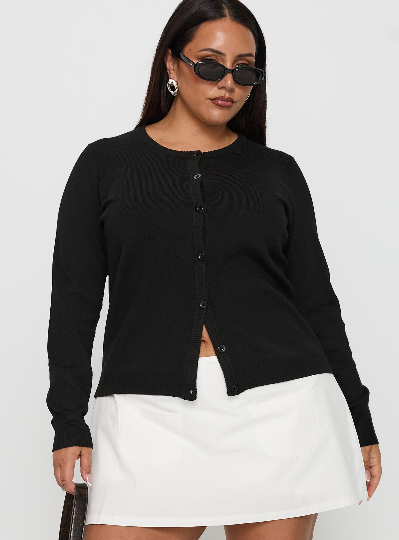 front view of model wearing Princess Polly Lauraine Cardigan Black Curve 