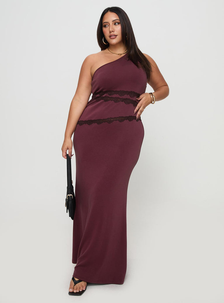 front view of model wearing Princess Polly Ultraviolet One Shoulder Lace Maxi Dress Wine Curve Asymmetric Neckline 