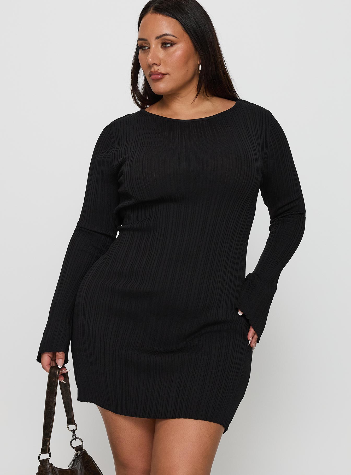 front view of model wearing Princess Polly Mayok Long Sleeve Mini Dress Black Curve Crew Neck 