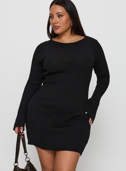front view of model wearing Princess Polly Mayok Long Sleeve Mini Dress Black Curve Crew Neck 