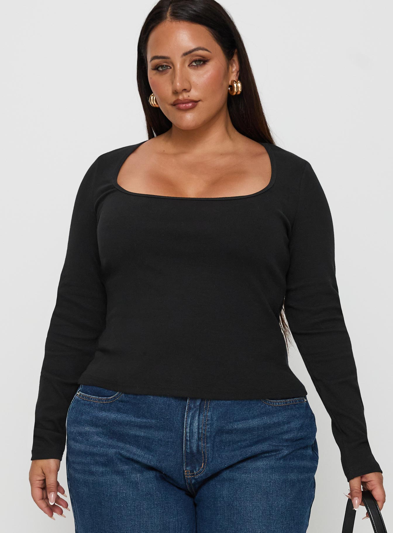 front view of model wearing Princess Polly Baseline Long Sleeve Top Black Curve Full Sleeves Square Neck 