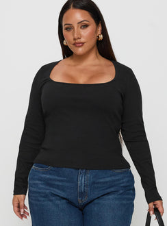 front view of model wearing Princess Polly Baseline Long Sleeve Top Black Curve Full Sleeves Square Neck 