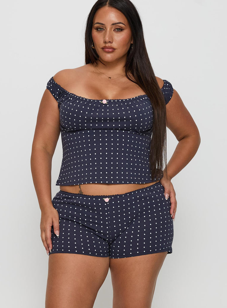 Drift Away Off The Shoulder Sleep Set Navy Dot Curve