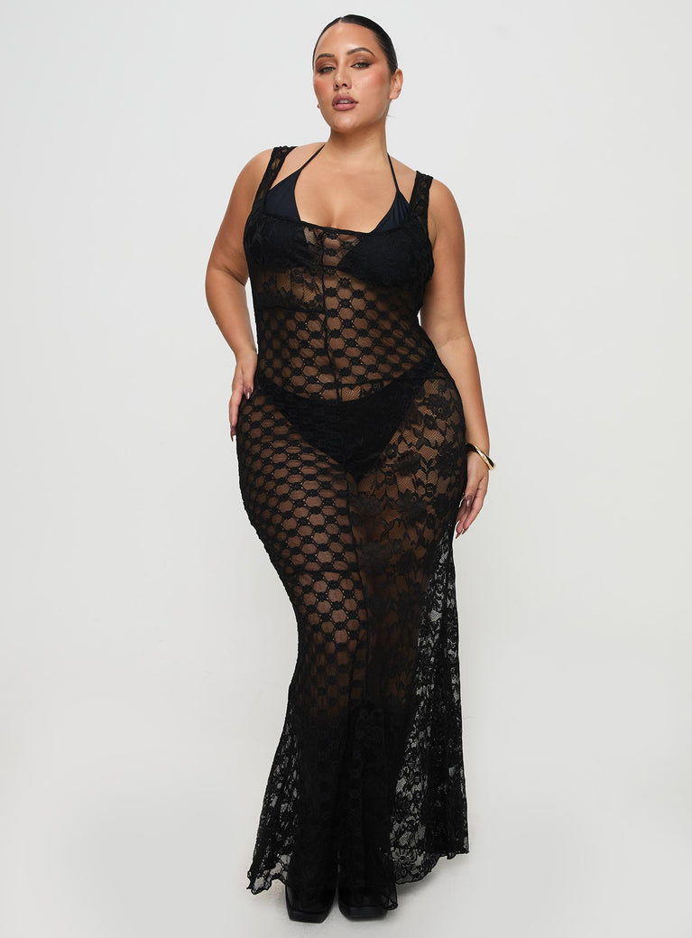 front view of model wearing Princess Polly Zhara Lace Dress Black Curve Scoop Neck 