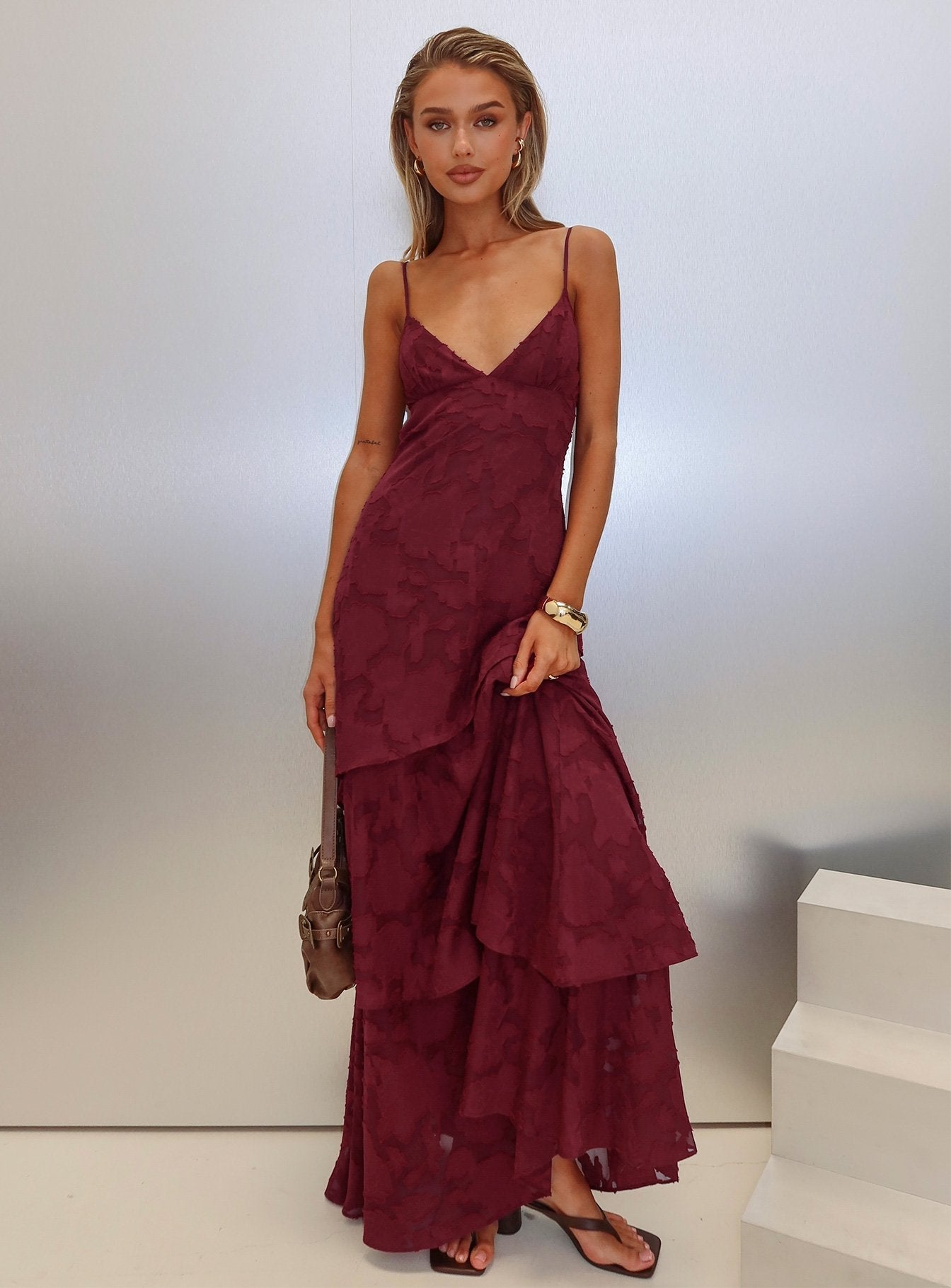 Lyricah Tiered Tie Back Maxi Dress Burgundy