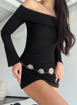 Front view of model wearing  front Princess Polly Asymmetric Neckline  Anya Mini Dress Black