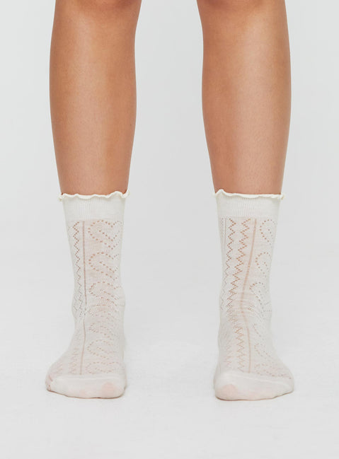 Pointelle socks Crew style, frill hem, good stretch