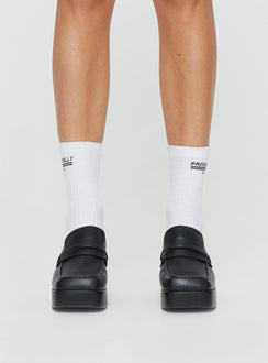 Faux leather platform loafers Slip-on design, padded footbed, treaded sole, rounded toe