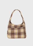 Brown Plaid shoulder bag Fixed shoulder strap, magnetic button fastening, external pocket, flat base