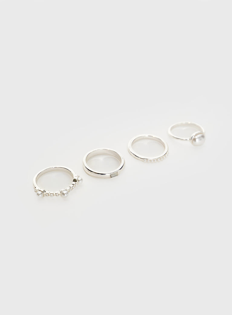 Silver-toned ring pack Set of four, pearl detail, lightweight